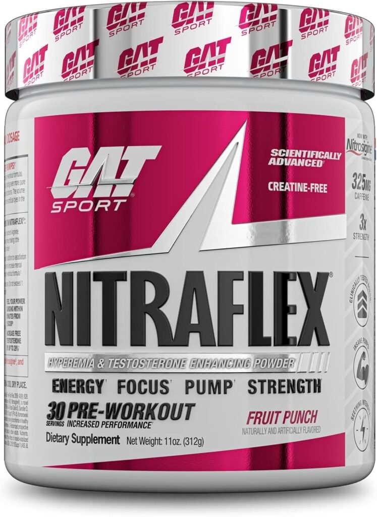 GAT SPORT Nitraflex Advanced Pre-Workout Powder, Increases Blood Flow, Boosts Strength and Energy, Improves Exercise Performance, Creatine-Free (Fruit Punch, 30 Servings)