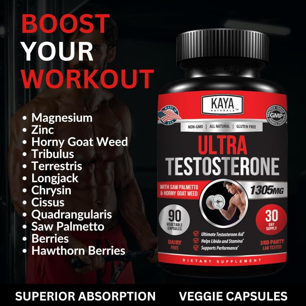 Kaya Naturals Ultra Testosterone - Mens Testosterone Booster with Tongkat Ali, Horny Goat Weed, Tribulus - Natural Workout Supplement for Energy, Stamina, and Strength Booster - 90 Count