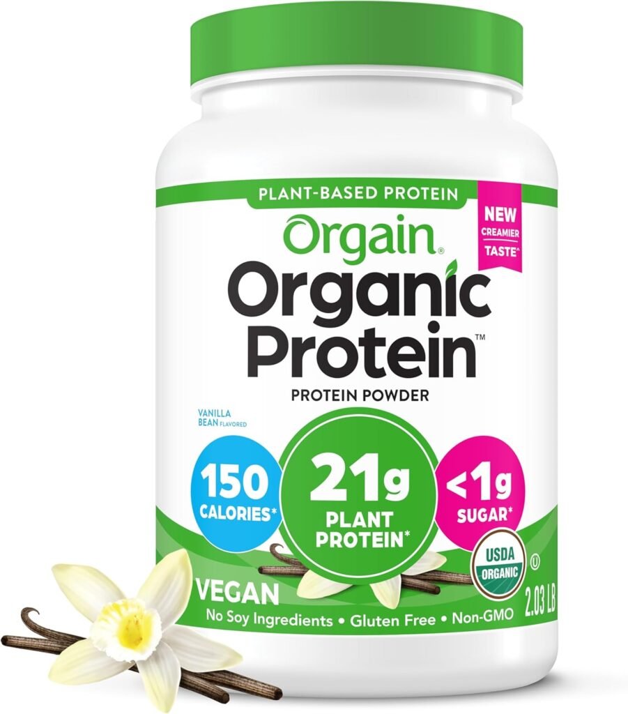 Orgain Organic Vegan Protein Powder, Vanilla Bean - 21g Plant Protein, 6g Prebiotic Fiber, No Lactose Ingredients, No Added Sugar, Non-GMO, For Shakes  Smoothies, 2.03 lb (Packaging May Vary)