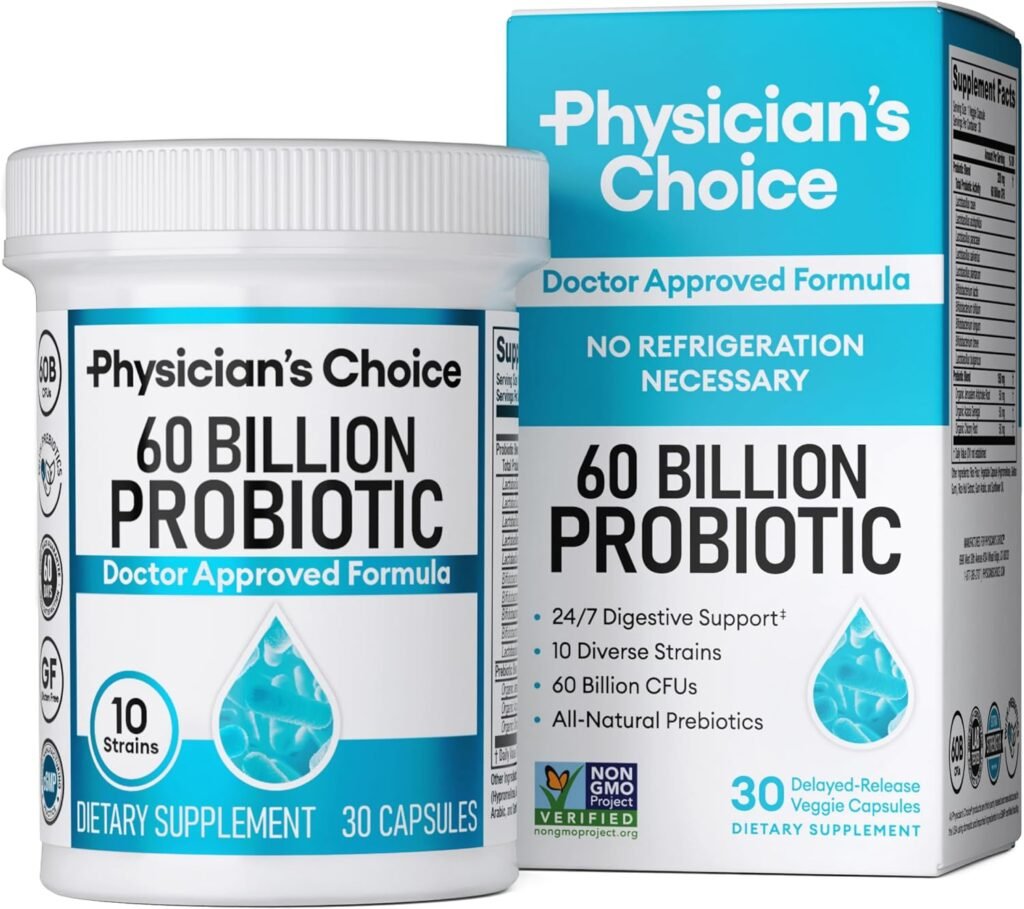 Physicians Choice Probiotics 60 Billion CFU - 10 Strains + Organic Prebiotics - Immune, Digestive  Gut Health - Supports Occasional Constipation, Diarrhea, Gas  Bloating - for Women  Men - 30ct