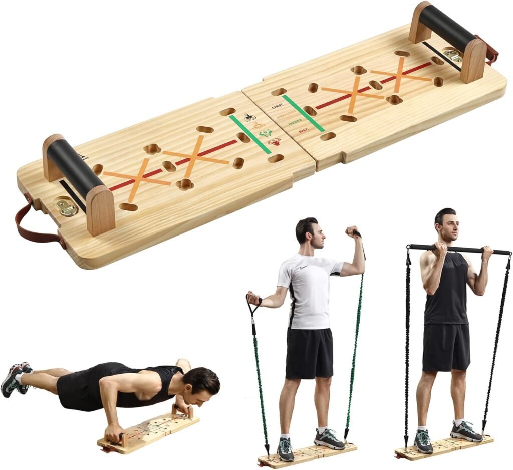 Vimexciter Solid Wooden Push Up Board Kit with Pilate Bar, Resistance Bands Sets and Handles, Multi-Function Foldable Push up Stands for Men and Women, Full Body Workout Equipment for Home Gym