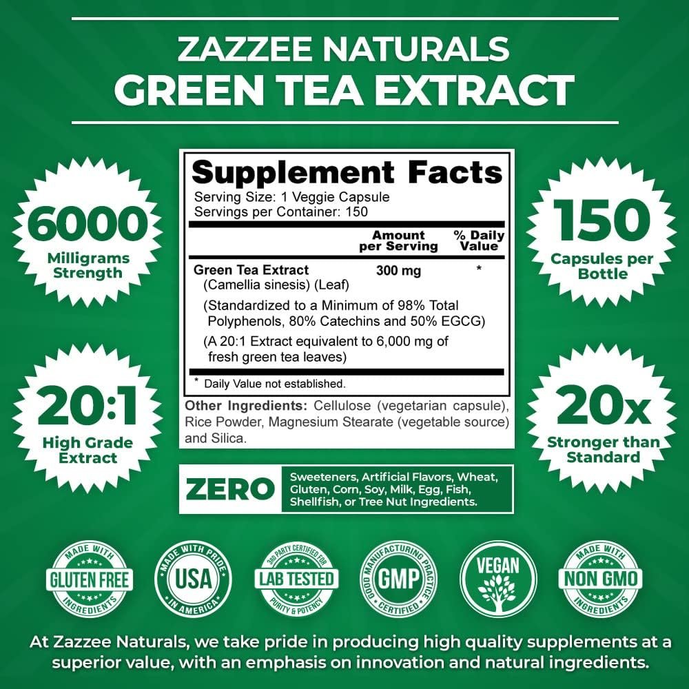 Zazzee Extra Strength Green Tea 20:1 Extract, 6000 mg Strength, 50% EGCG, 98% Polyphenols and 80% Catcehins, 150 Vegan Capsules, 5 Month Supply, Standardized and Concentrated 20X Potency, Non-GMO Zazzee Extra Strength Green Tea 20:1 Extract, 6000 mg Strength, 50% EGCG, 98% Polyphenols and 80% Catcehins, 150 Vegan Capsules, 5 Month Supply, Standardized and Concentrated 20X Potency, Non-GMO